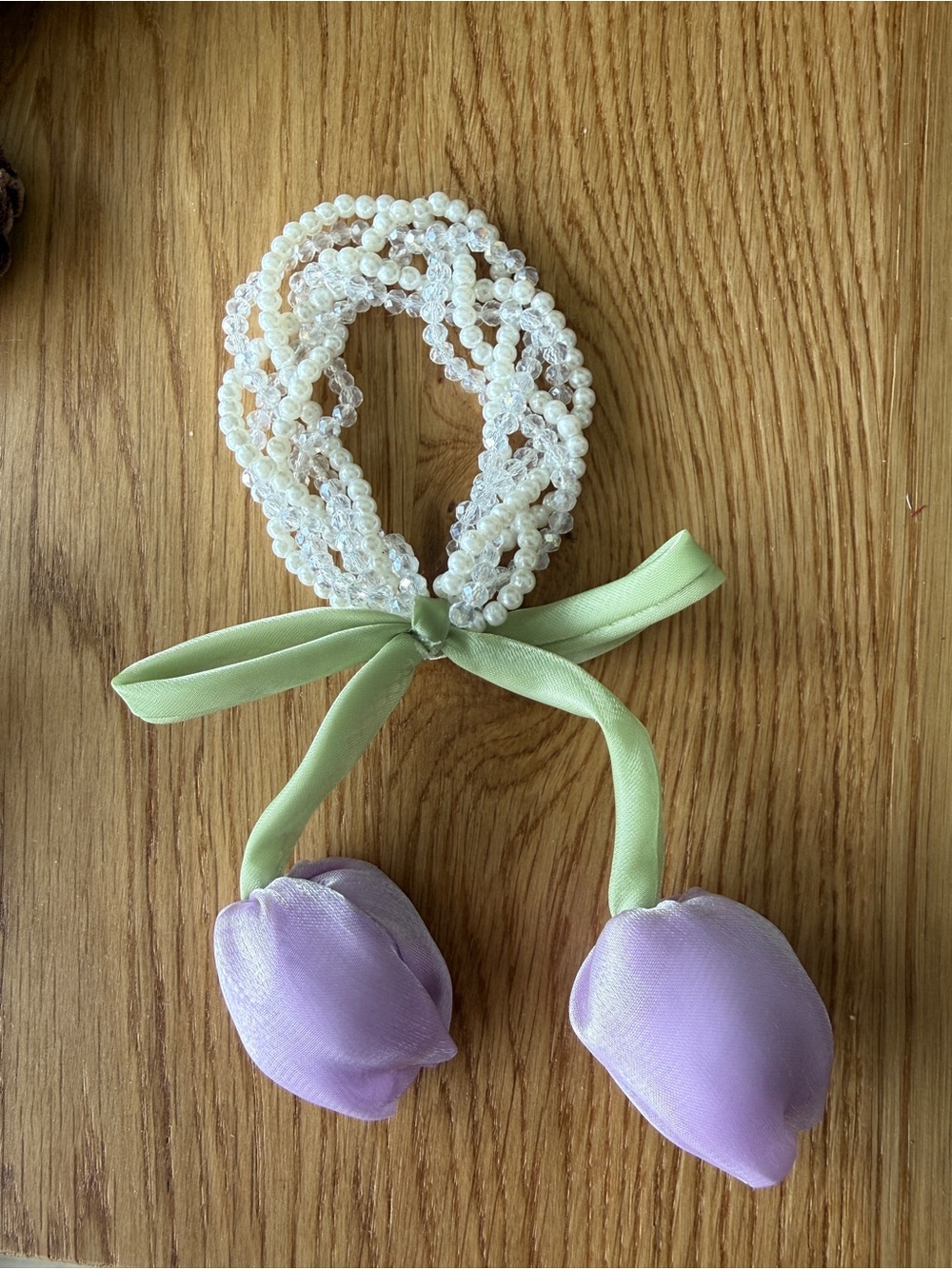 Handmade Pearl Beaded Hair Tie with Lilac Tulip Accents